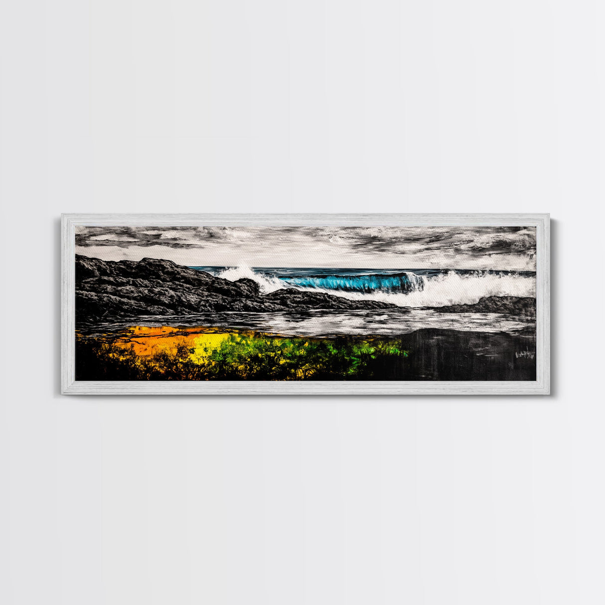 Rocky Shore, Crashing Waves, Black White Blue, Framed Canvas Print, Ocean Wave Painting, Surf Art, Minimalist Coastal Decor