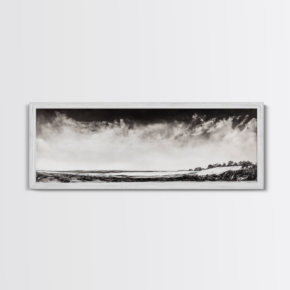 Minimalist Landscape, Black and White Art, Cloudy Sky, Framed Canvas Print, Modern Wall Art, Neutral Home Decor, Monochrome Landscape