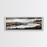 Snowy River Artwork, Mountain Landscape Painting, Rustic Winter Decor, Black and White Wall Art, Nature Print, Living Room Art, Canvas Print