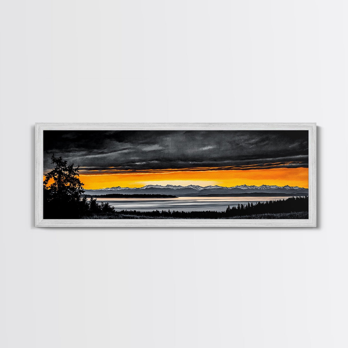 Sunset Over Mountains, Dramatic Landscape Art, Black and Yellow Wall Art, Bold Sky Painting, Nature Print, Office Wall Decor, Framed Canvas Prin