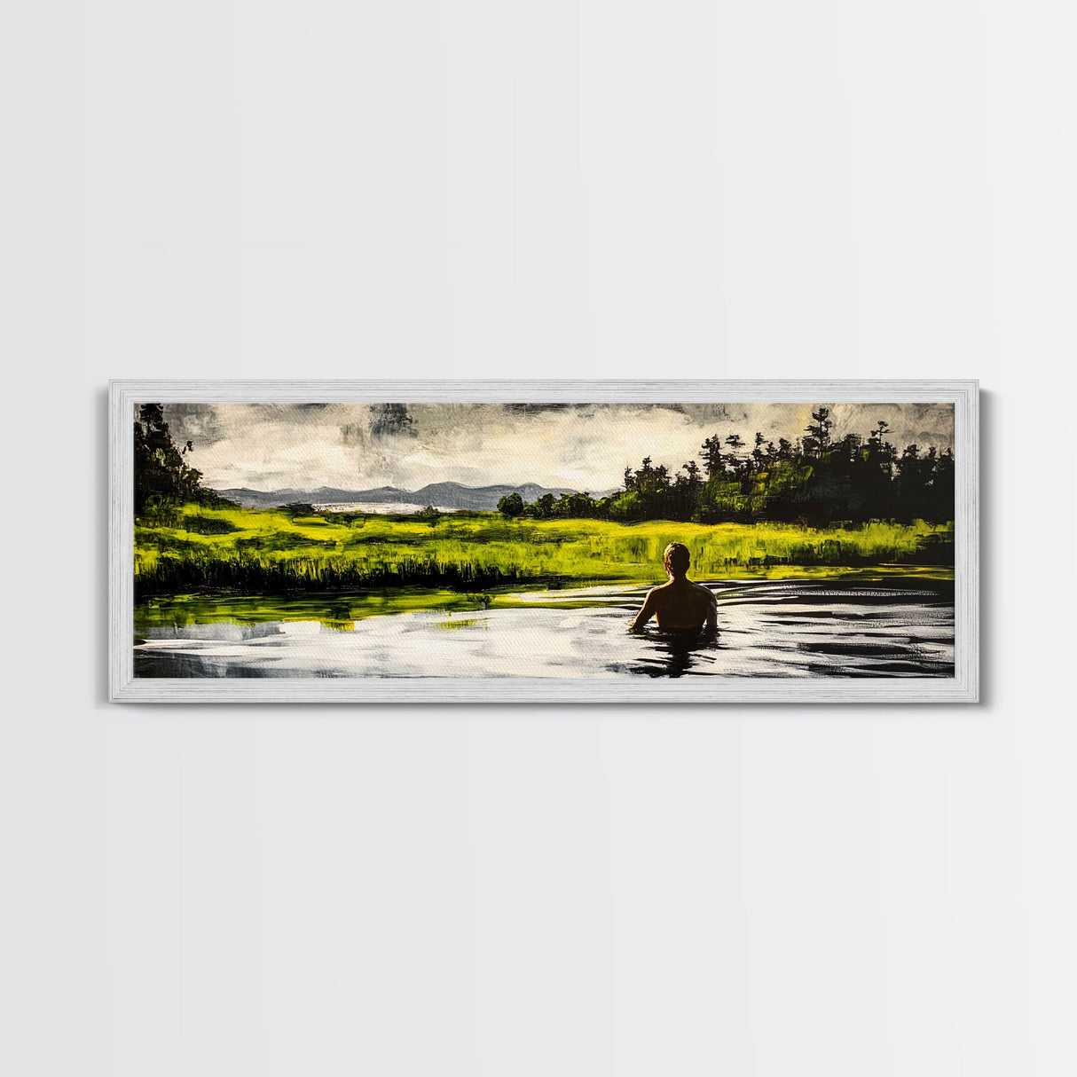 Man, Water, Reflection, Framed Canvas Print, Serene Landscape Art, Tranquil Wall Decor, Nature Inspired Painting, Moody Green Aesthetic