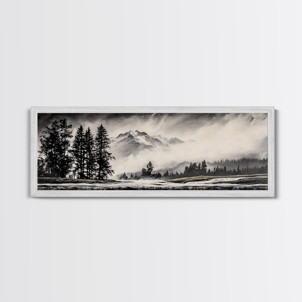 Mountain, Misty Landscape, Black and White, Forest, Framed Canvas Print, Large Wall Art, Minimalist Art, Modern Home Decor, Bedroom Wall Art