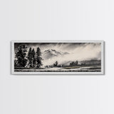 Mountain, Misty Landscape, Black and White, Forest, Framed Canvas Print, Large Wall Art, Minimalist Art, Modern Home Decor, Bedroom Wall Art