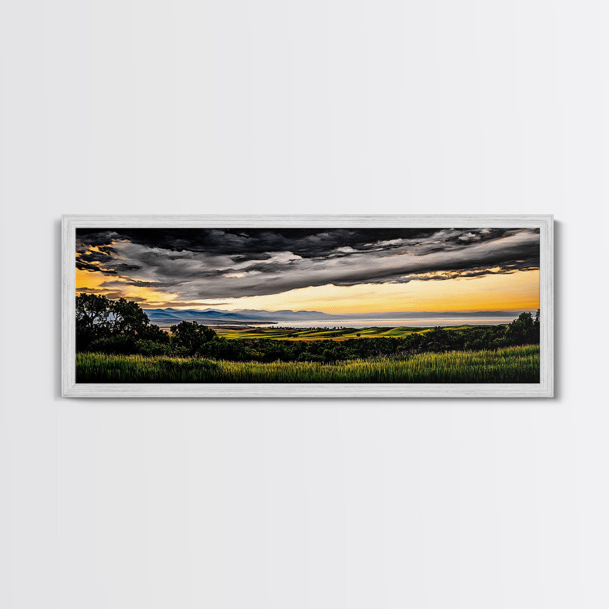 Golden Field, Sunset Overlook, Nature Landscape, Framed Canvas Print, Dramatic Sky, Rolling Hills, Rustic Farmhouse Decor, Large Wall Art