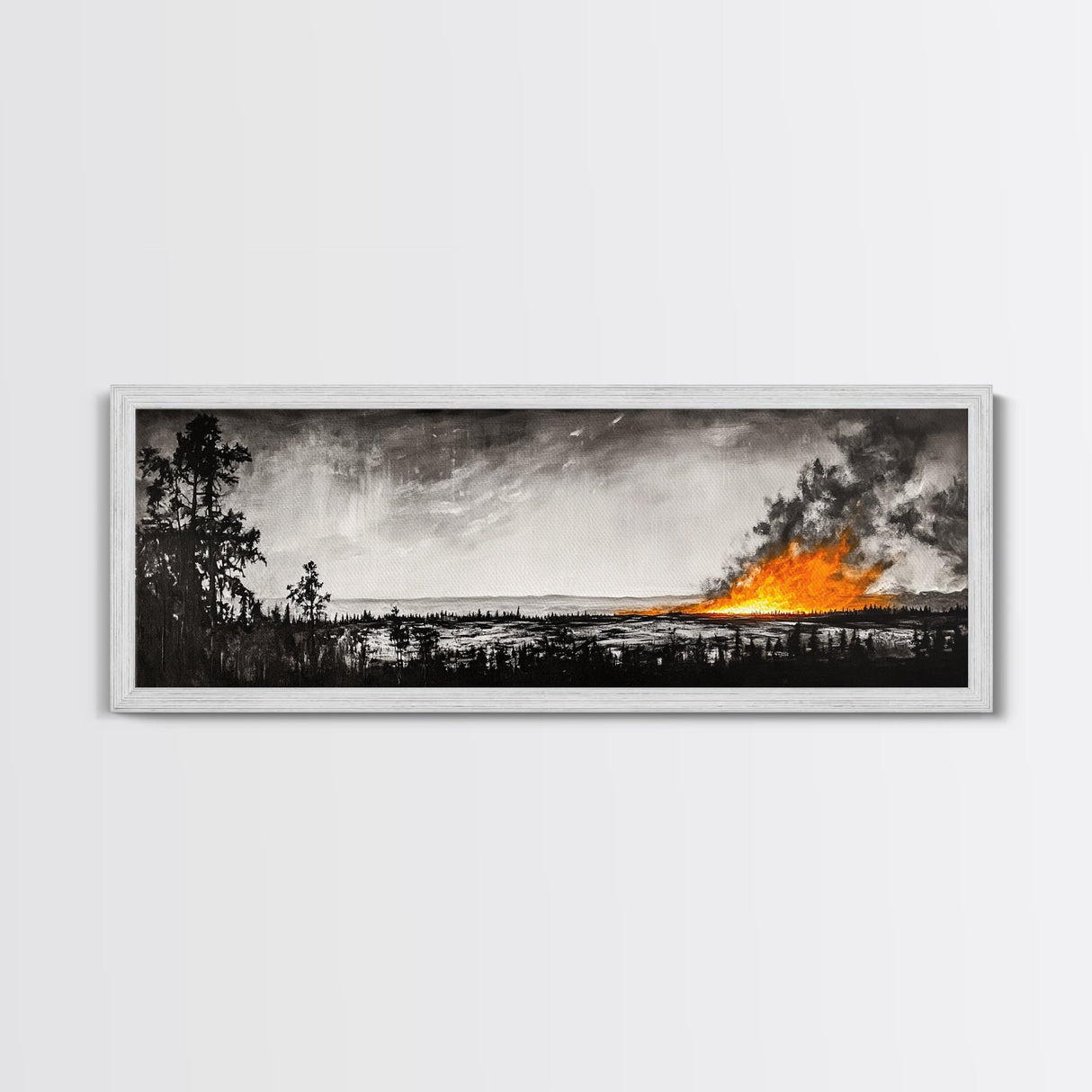 Wildfire Horizon, Dramatic Nature Art, Wilderness Wall Decor, Canvas Print, Black and White Art, Abstract Fire Painting, Rustic Home Art