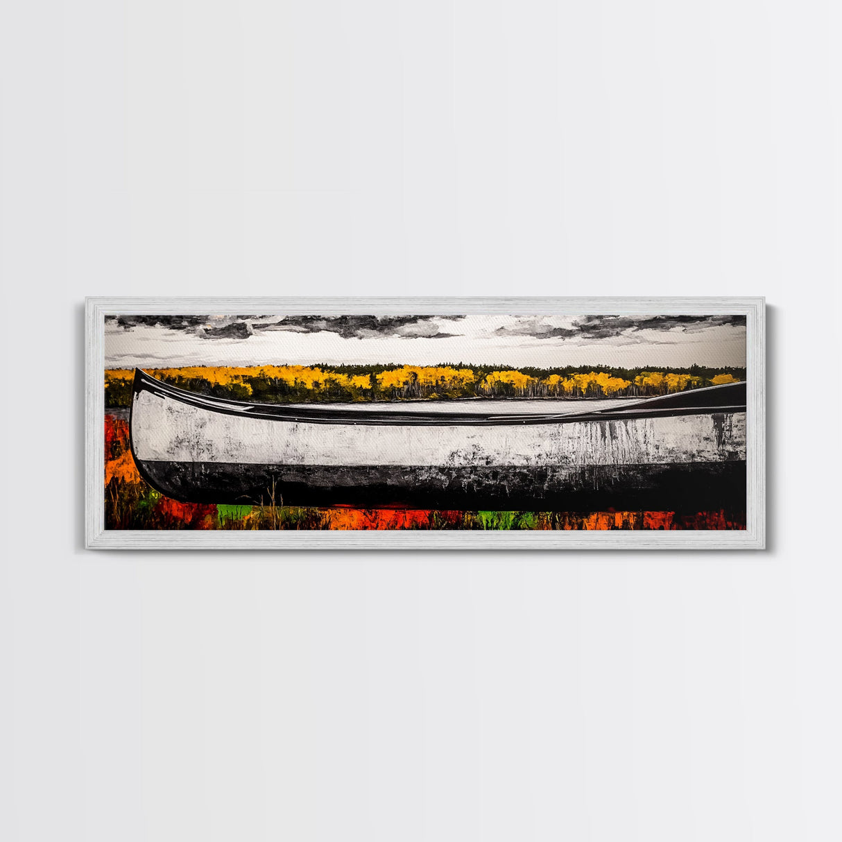 Autumn Canoe, Rustic Lake Art, Nature Wall Decor, Canvas Print, Fall Landscape Painting, Outdoor Adventure Art, Cabin Wall Art, Canoe Artwork