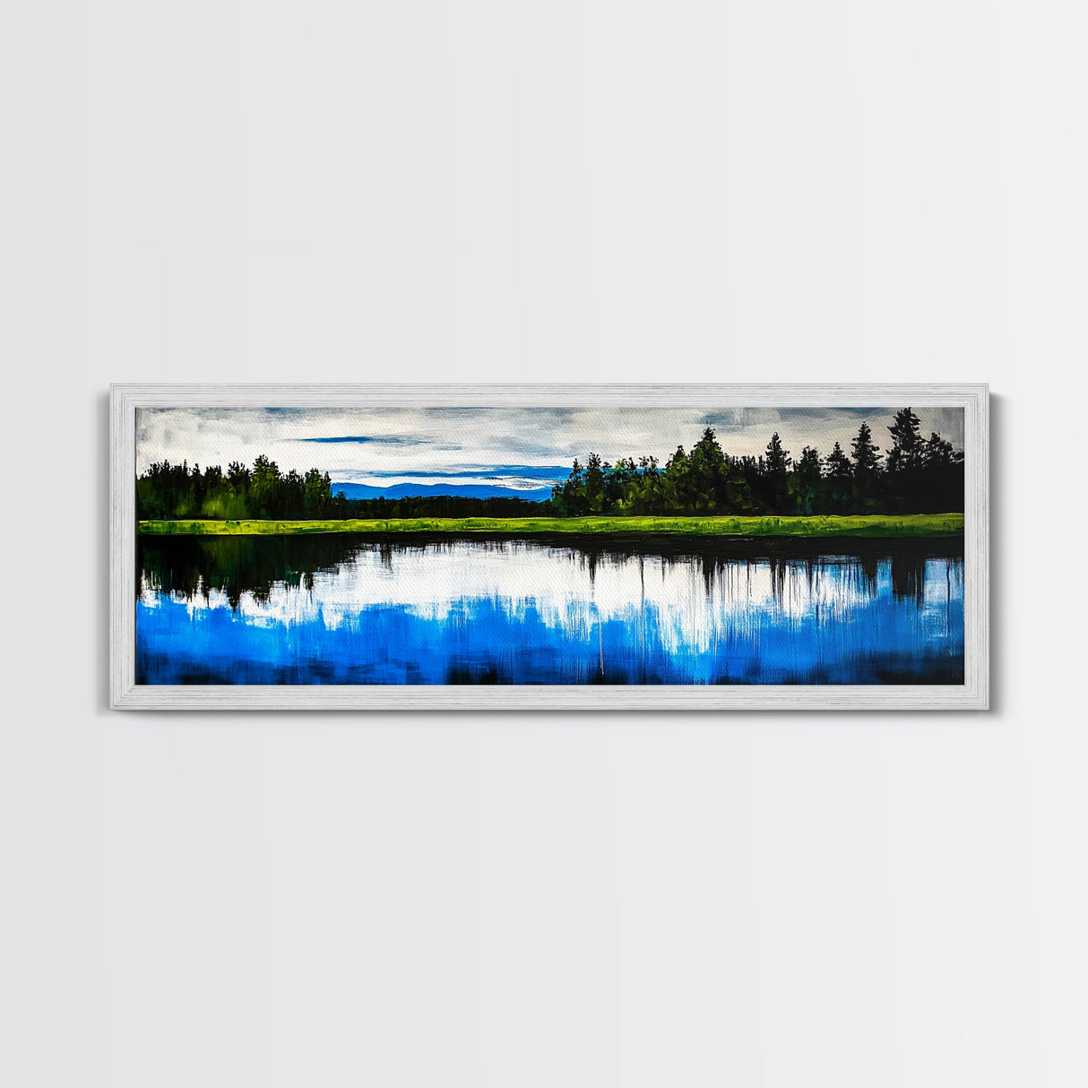 Lake Reflection, Blue Sky, Green Landscape, Framed Canvas Print, Large Wall Art, Nature Painting, Office Decor, Living Room Wall Art