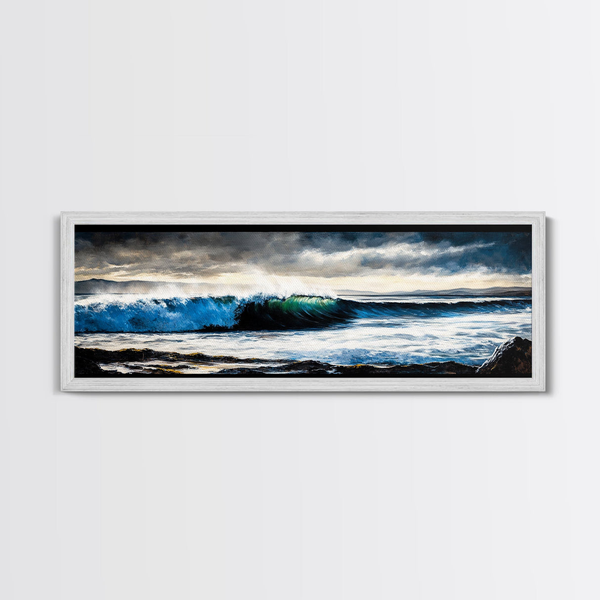 Powerful Ocean Wave, Realistic Seascape Art, Blue Water Wall Decor, Coastal Living Room Art, Surfer Beach Print, Framed Canvas Print