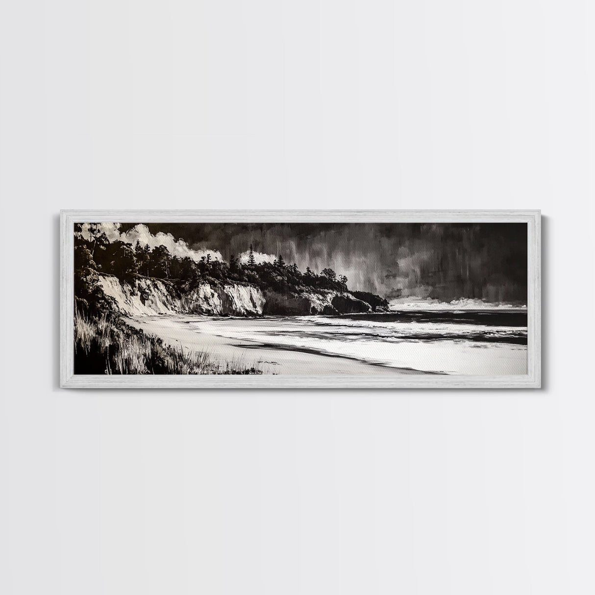 Bold Coastal Cliff, Monochrome Seascape Painting, Dramatic Nature Wall Art, Minimalist Ocean Print, Modern Home Decor, Framed Canvas Print