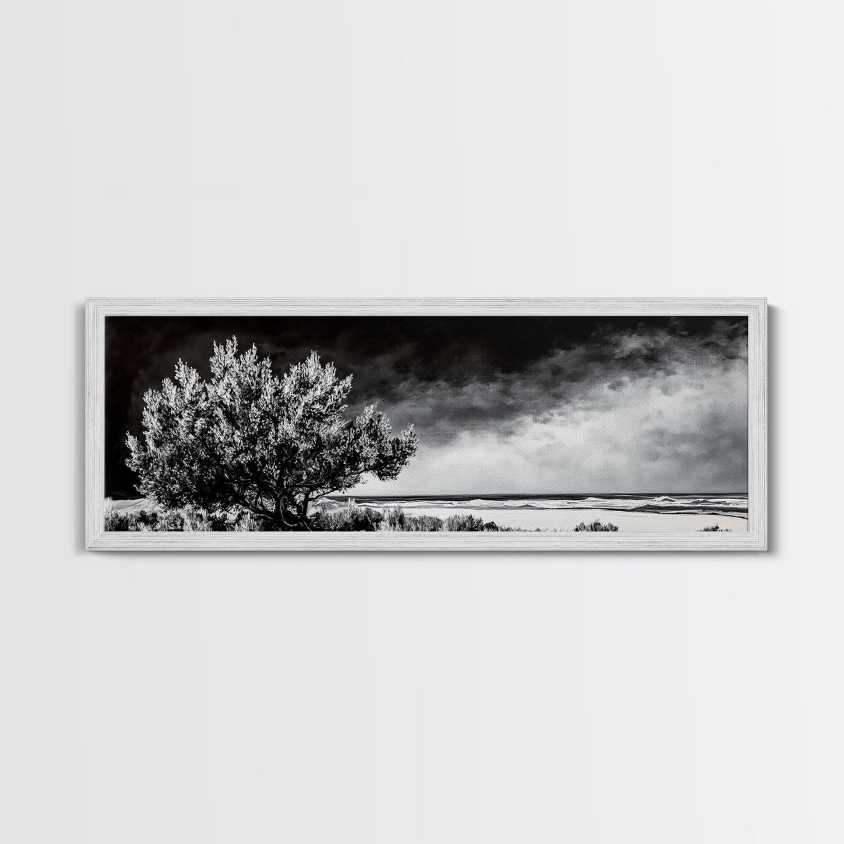 Monochrome Tree Art, Dramatic Nature Painting, Black and White Wall Decor, Minimalist Forest Print, Modern Office Art, Framed Canvas Print