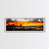 Fiery Sunset Painting, Autumn Sky Artwork, Warm Nature Landscape, Bold Fall Wall Decor, Rustic Cabin Art, Framed Canvas Print