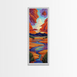 Desert River, Sky Painting, Framed Canvas Print, warm southwestern stream view landscape, bold clouds, boho decor, office wall art