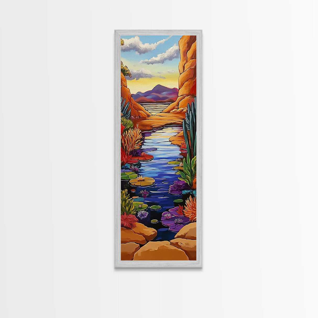 Pond Lilies, Canyon Scene, Framed Canvas Print, colorful lily pond canyon art, desert blooms, bold nature painting, dining room wall art
