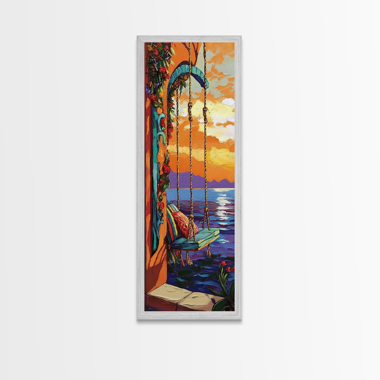Swing Balcony, Sunset Painting, Framed Canvas Print, cozy seaside, balcony swing view, dreamy boho home decor, tropical romantic sunset wall art