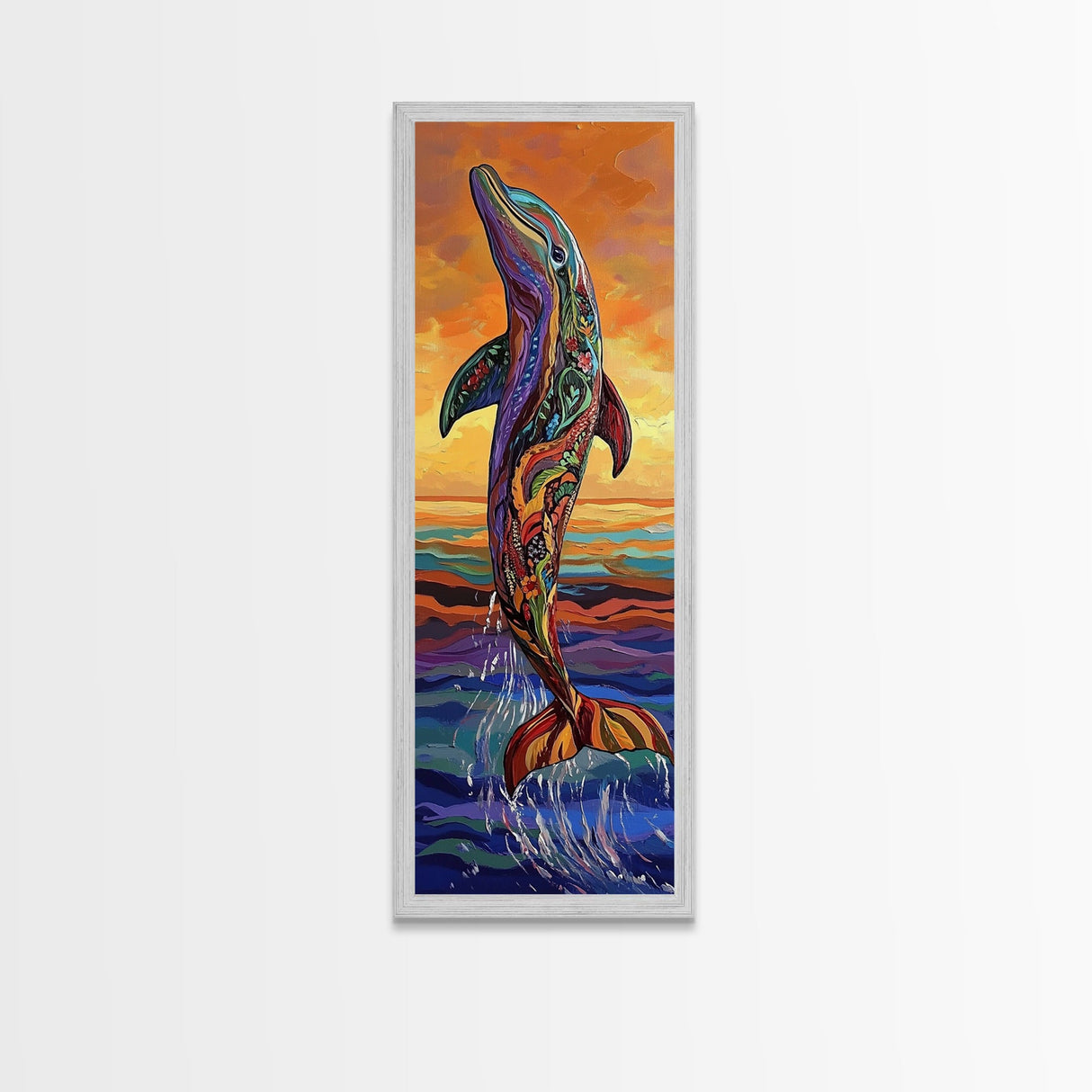 Dolphin Ocean, Sunset Splash, Vibrant marine wall decor Framed Canvas Print, colorful coastal boho art, beach house wall art