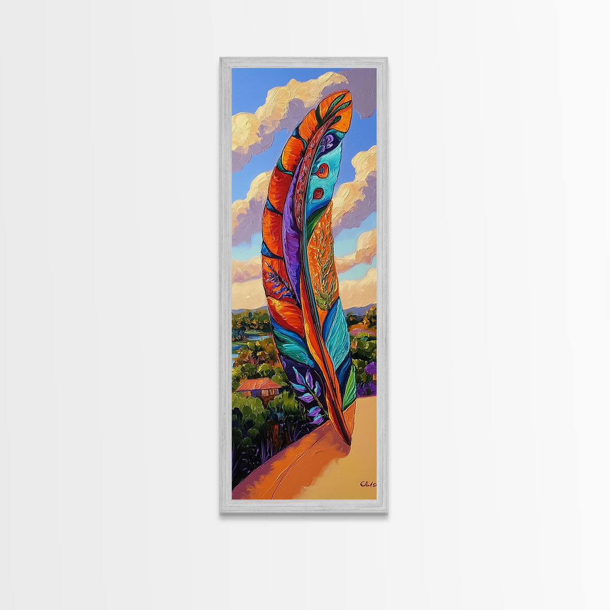 Feather Sky, Tribal Colorful, Bold feather landscape Framed Canvas Print, boho chic wall art, meditation room wall decor