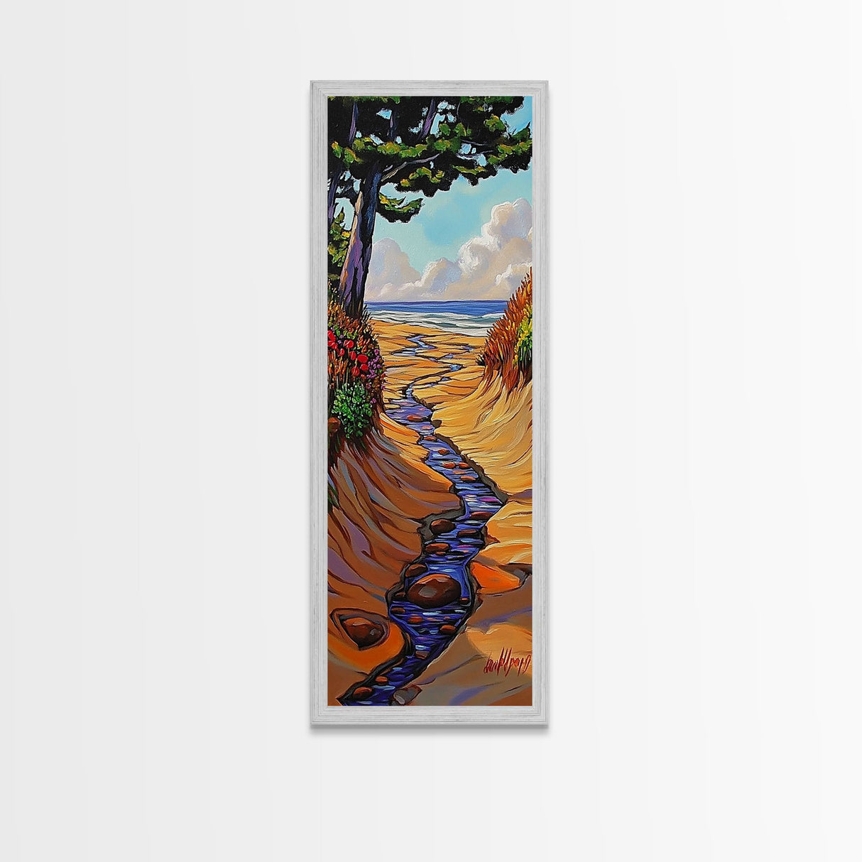 Beach Stream, Trees Coastal, Serene golden shore view Canvas Print, nature landscape art, beach house wall decor, nature decor