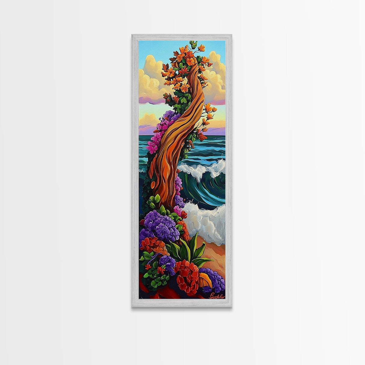 Tree Ocean, Flowers Waves, Whimsical tree by sea Framed Canvas Print, vibrant fantasy wall art, kids room or decor