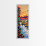 Sunset Waves, Colorful Leaves, Beach Serenity, Framed Canvas Print, vibrant ocean wall decor, boho coastal living room art