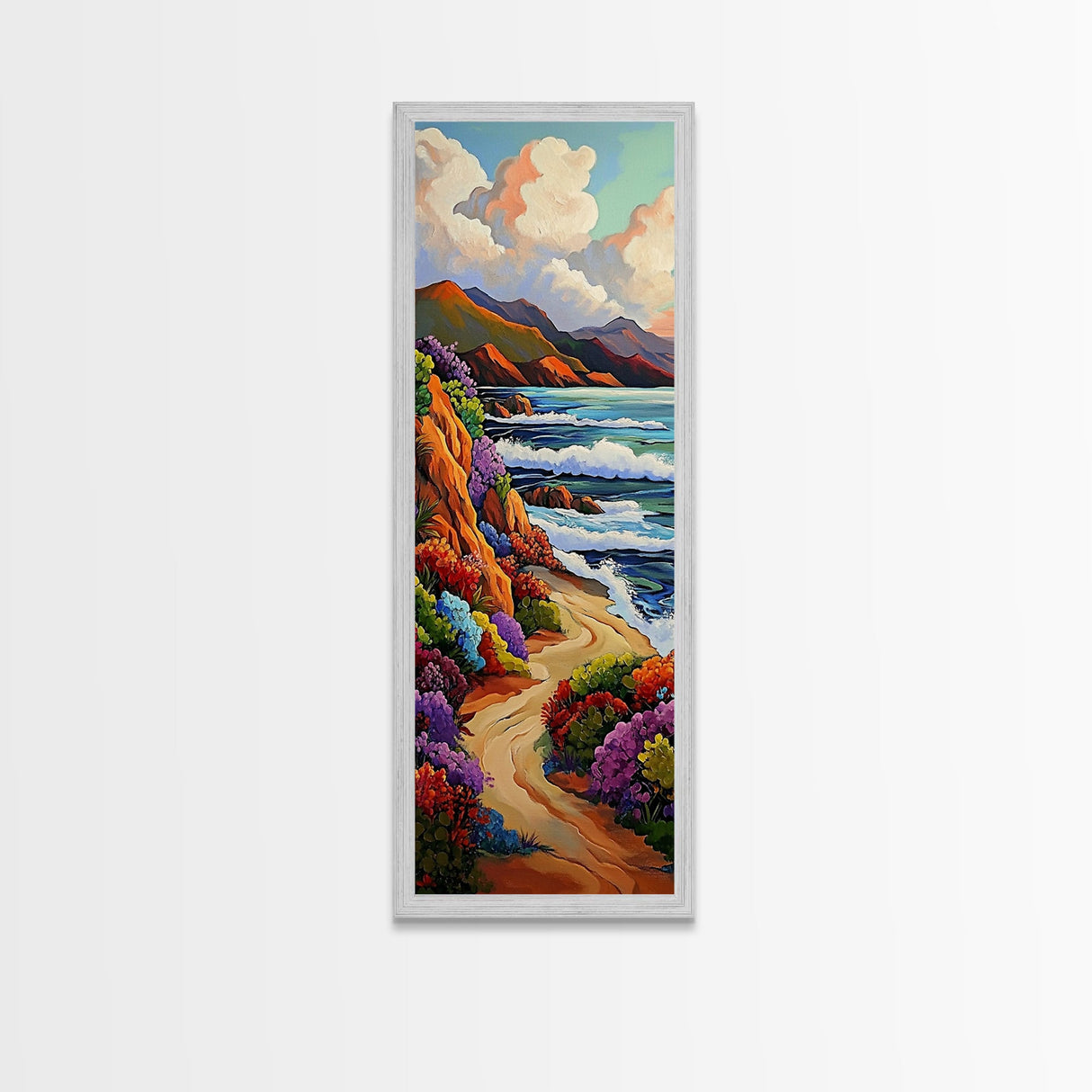 Ocean Cliffside, Wildflowers Path, Canvas Print colorful coastal path painting, vibrant nature landscape, modern beach art, kitchen wall decor