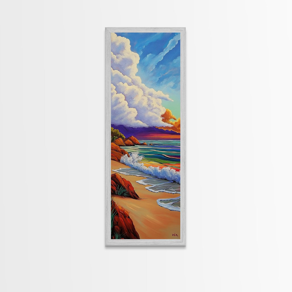 Peaceful Shoreline, Colorful Sunset, Framed Canvas Print ocean waves art, colorful sunset beach painting, vibrant sky seascape, nature art