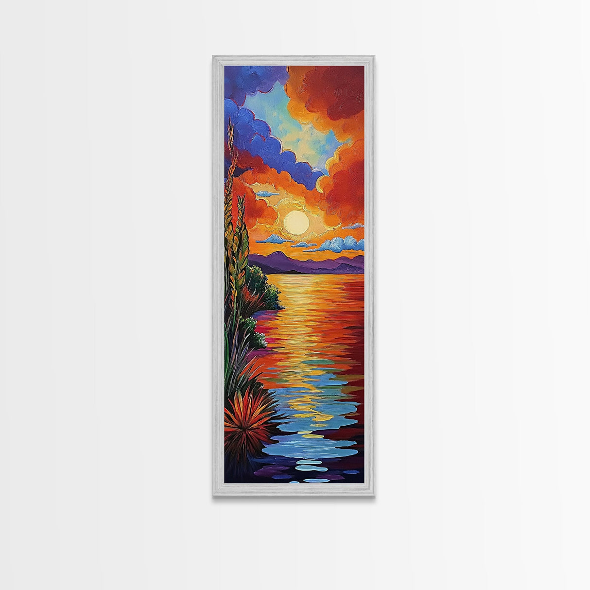 Sunset Reflections, Bold Lake, Framed Canvas Print vibrant sunset over water, colorful sky and lake scene, tranquil evening art, nature decor