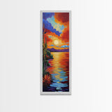 Sunset Reflections, Bold Lake, Framed Canvas Print vibrant sunset over water, colorful sky and lake scene, tranquil evening art, nature decor