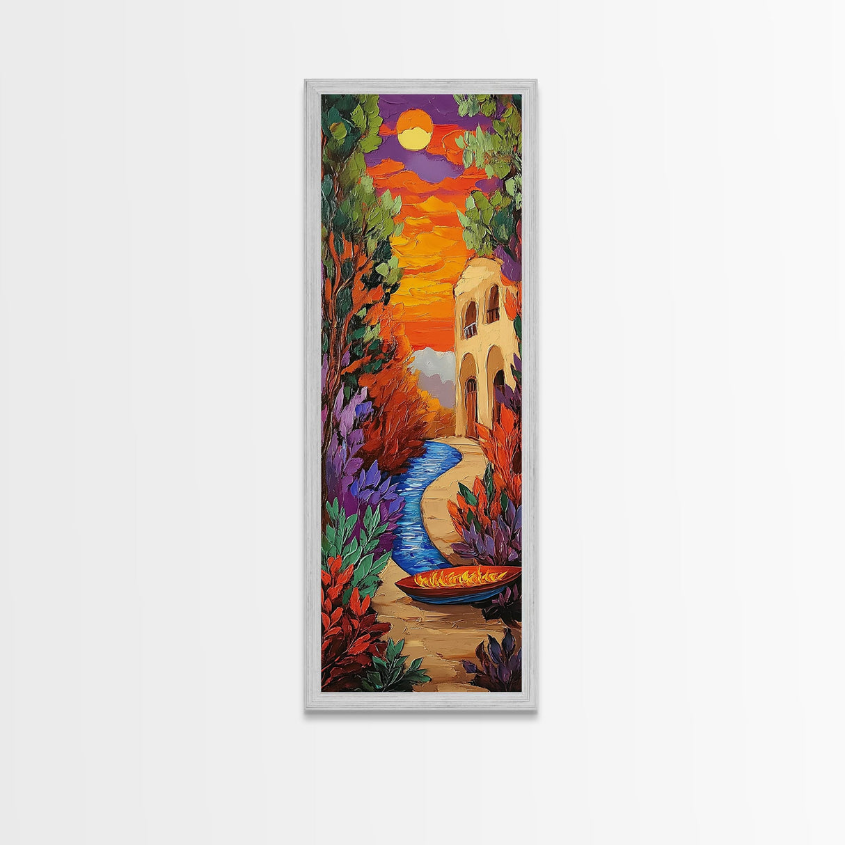 Sunset River, Autumn Glow – Framed Canvas Print fall foliage landscape art, moody abstract painting, warm tones hallway wall art, boho decor