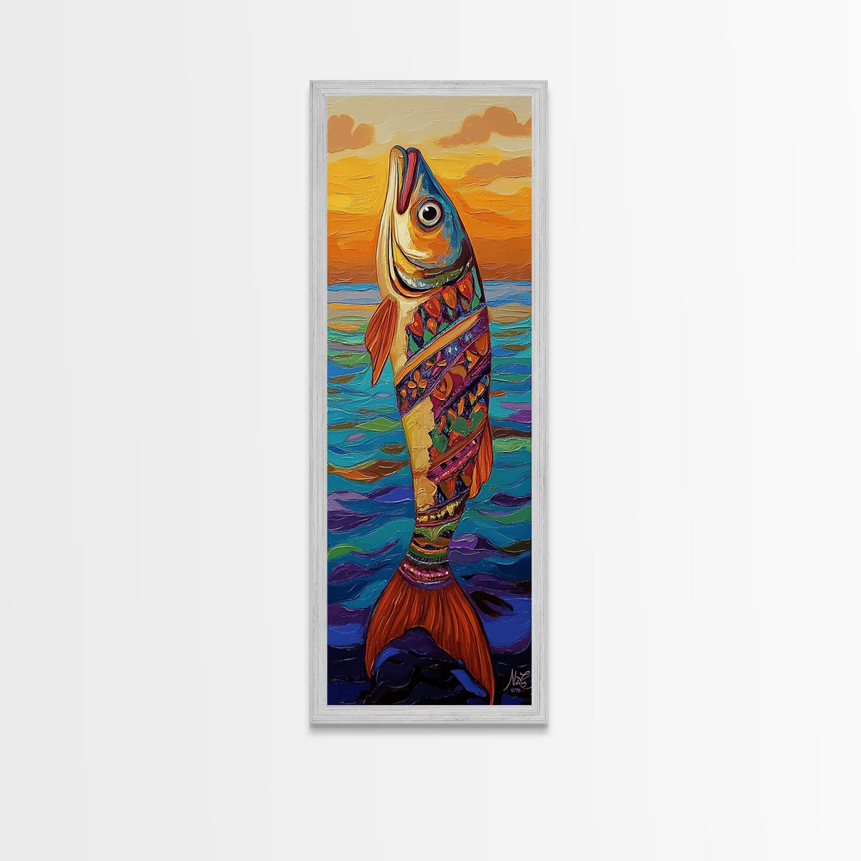 Tribal Fish, Ocean Sunset, Nautical Folk Art, Framed Canvas Print, coastal kitchen decor, whimsical ocean creature, colorful boho wall art