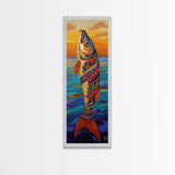 Tribal Fish, Ocean Sunset, Nautical Folk Art, Framed Canvas Print, coastal kitchen decor, whimsical ocean creature, colorful boho wall art