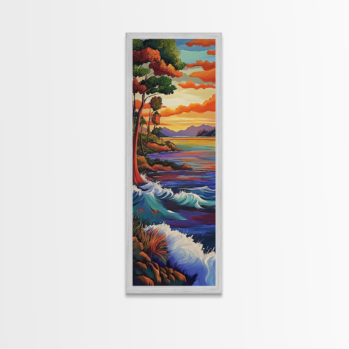 Coastal, Sunset, Trees, Ocean View Framed Canvas Print, Bold Color Landscape, Nature Wall Decor, Entryway Boho Art, Lake House Vibes