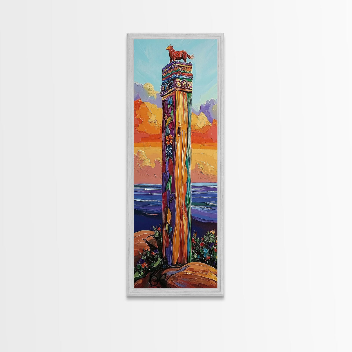 Totem, Ocean, Sunset, Whimsy - Framed Canvas Print, Coastal Totem Wall Art, Whimsical Beach House Decor, Colorful Folk Art Living Room Style