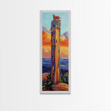Totem, Ocean, Sunset, Whimsy - Framed Canvas Print, Coastal Totem Wall Art, Whimsical Beach House Decor, Colorful Folk Art Living Room Style