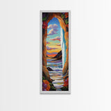 Ocean, Sunset, Archway, View, Framed Canvas Print, Coastal wall decor, tropical beach art, vibrant living room painting, boho landscape style