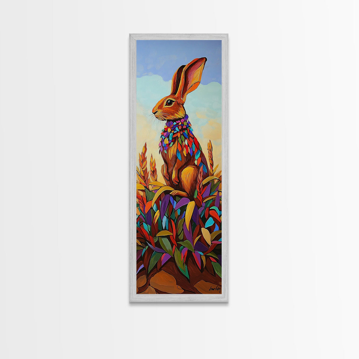 Rabbit, Autumn, Leaves, Field, Framed Canvas Print, Fall nursery wall art, woodland animal painting, whimsical harvest decor, colorful boho style