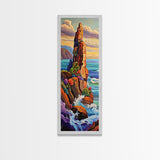 Cliff, Ocean, Wildflowers, Waves, Framed Canvas Print, Coastal nature wall art, vibrant landscape decor, colorful living room painting