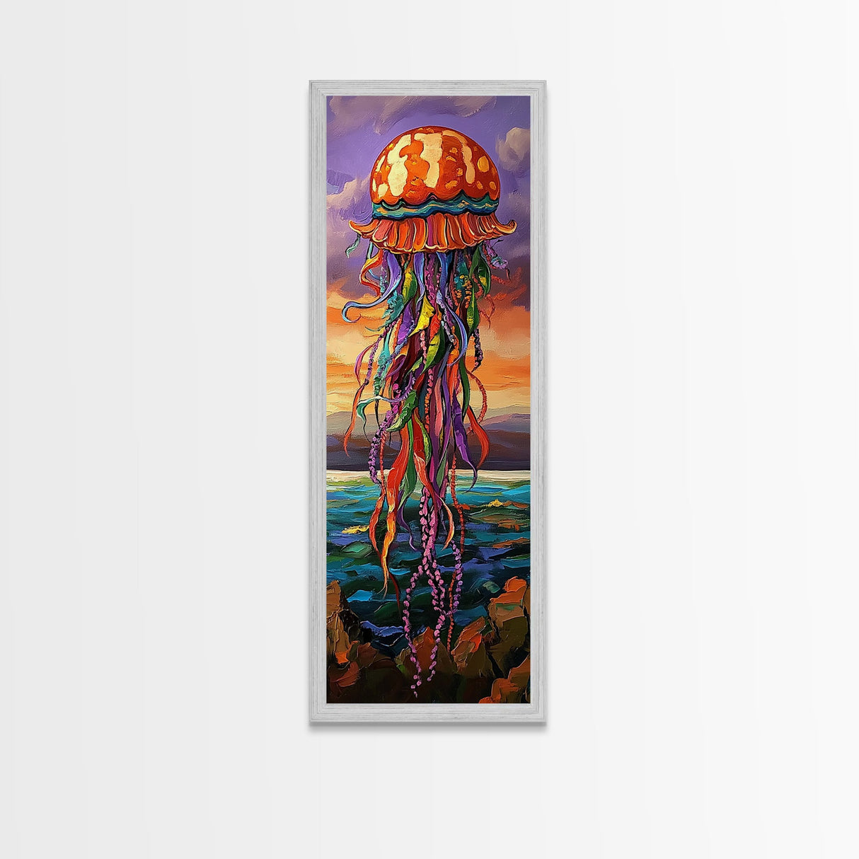 Jellyfish, Ocean, Fantasy, Color, Framed Canvas Print, Underwater coastal wall art, vibrant kids room decor, marine boho style painting