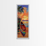 Sunset, Boat, Beach, Tropical, Framed Canvas Print, coastal boat painting, beach wall art, living room decor, colorful sunset, nautical art