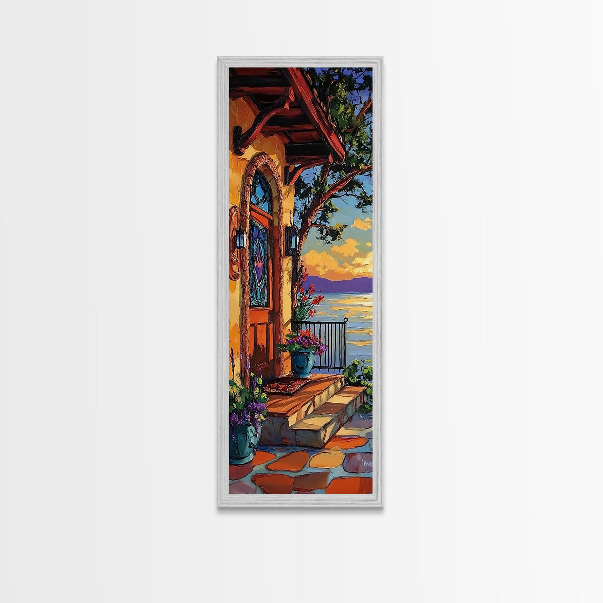 Doorway, Ocean, Mediterranean, Flowers, Framed Canvas Print, Mediterranean doorway wall art, ocean view canvas print, flower entryway painting