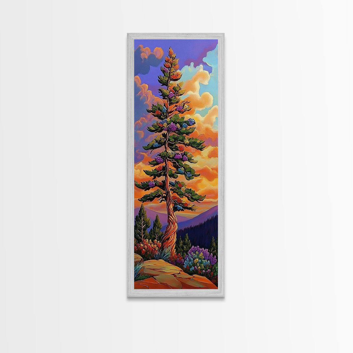 Tree, Mountain, Sunset, Forest, Canvas Print, magical forest tree painting, vibrant mountain sunset wall art, whimsical boho nature decor