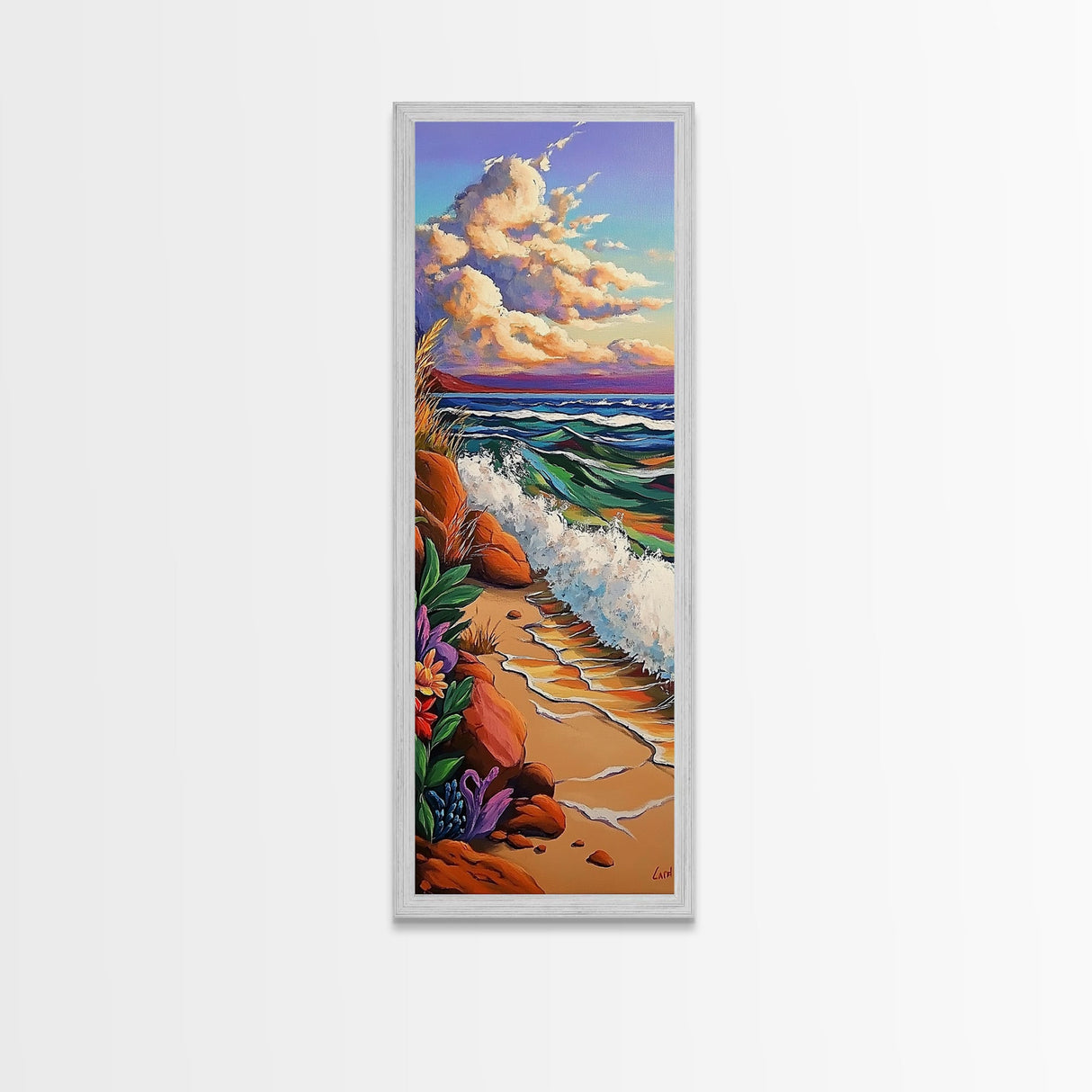 Coastal Flowers, Waves Sunset, Framed Canvas Print, Beach Art, Seaside Wall Decor, Tropical Artwork, Living Room Coastal Decor, Ocean Art