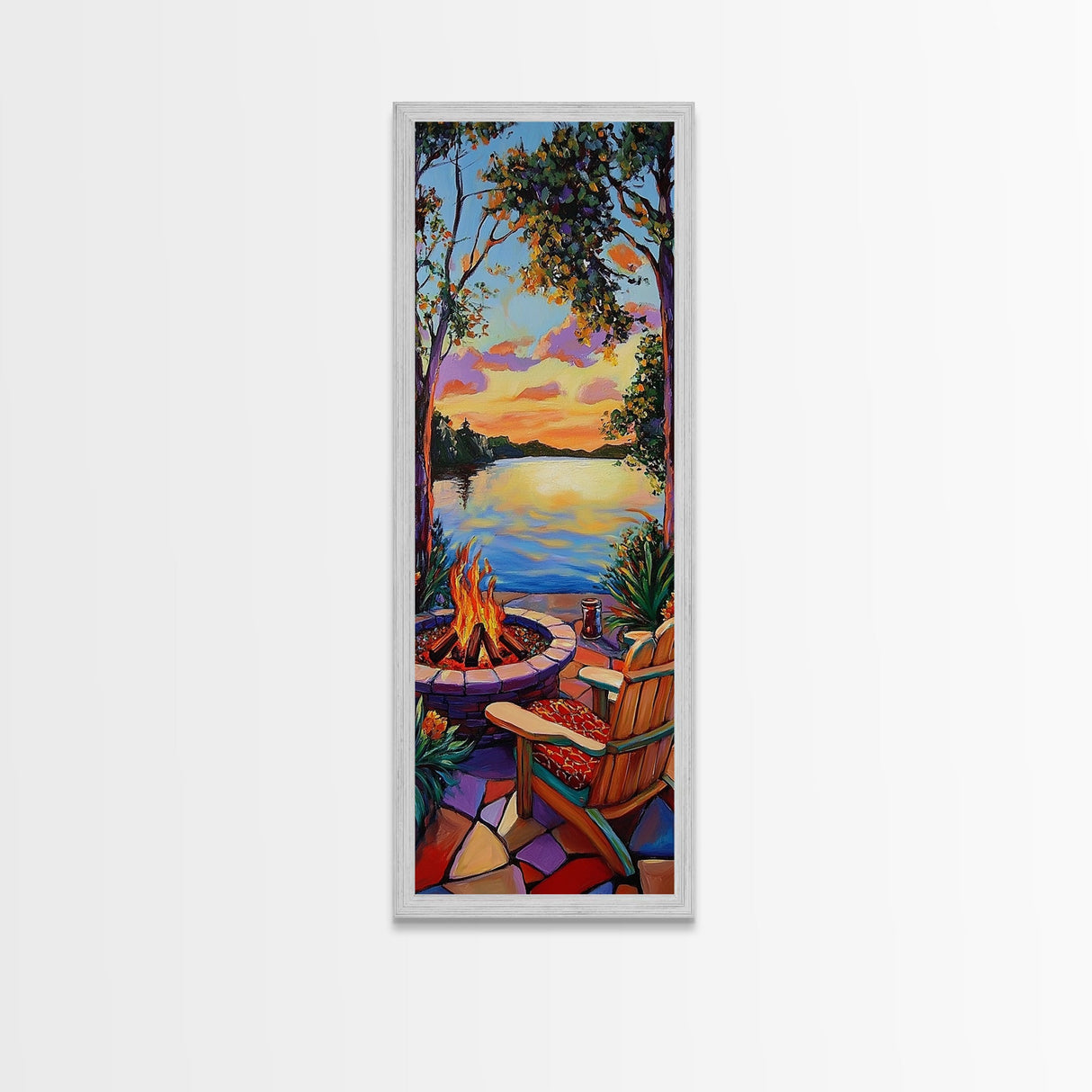 Campfire, Sunset, Retreat, Outdoors, Framed Canvas Print, Cozy Patio Wall Art, Autumn Landscape Decor, Rustic Cabin Vibes, Warm Living Room Art