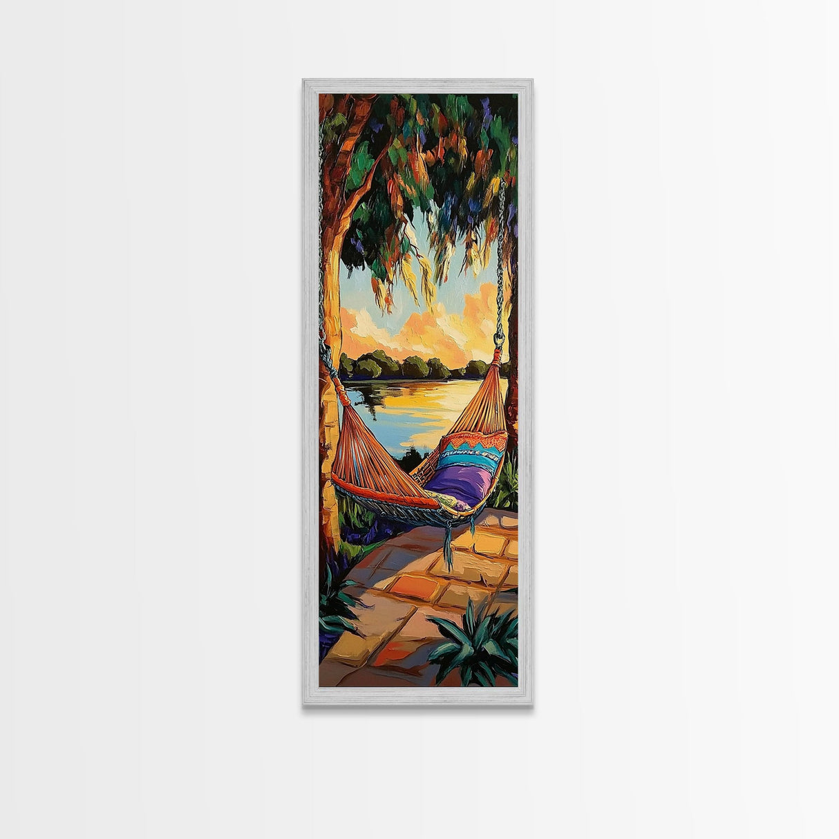 Hammock, Sunset, Relaxation, Trees, Framed Canvas Print, Boho Patio Wall Decor, Summer Vibes, Chill Outdoor Art, Serene Living Room Accent