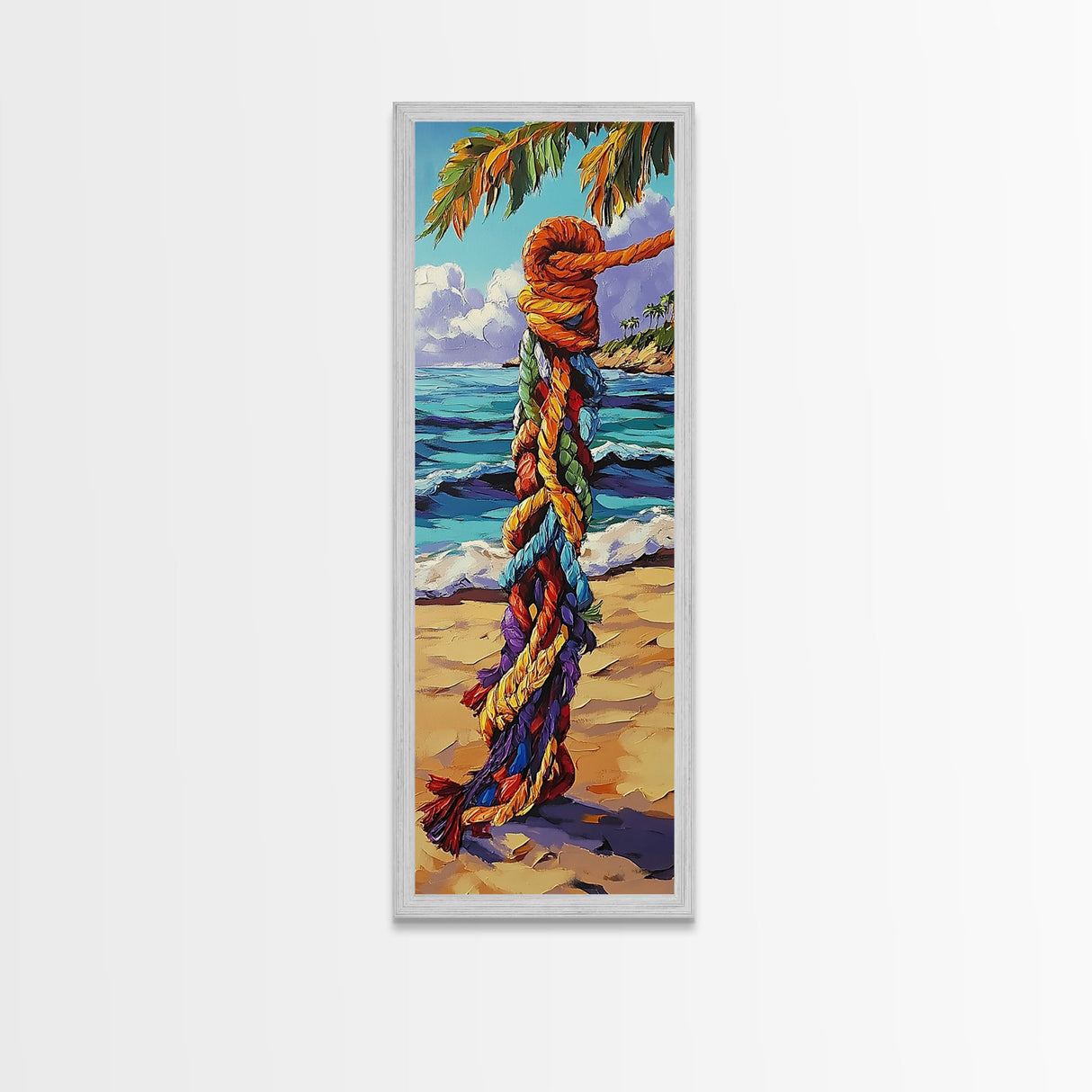 Beach, Rope, Colorful, Tropical, Framed Canvas Print, Nautical Wall Art, Coastal Boho Decor, Beach House Accent, Bright Living Room Art