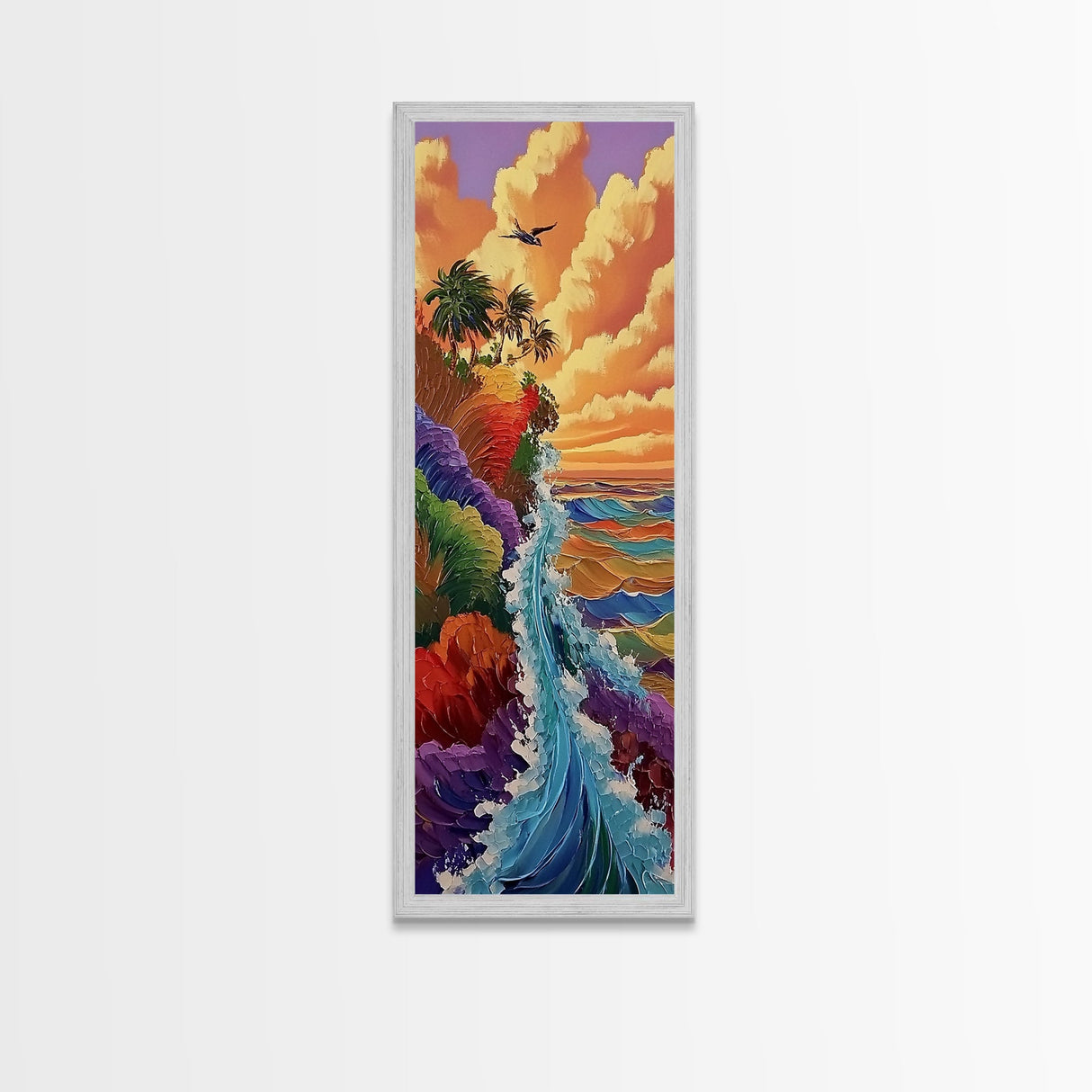 Rainbow Cliff, Ocean Waves, Sunset Coast, Framed Canvas Print, tropical beach decor, vibrant boho wall art, coastal entryway painting