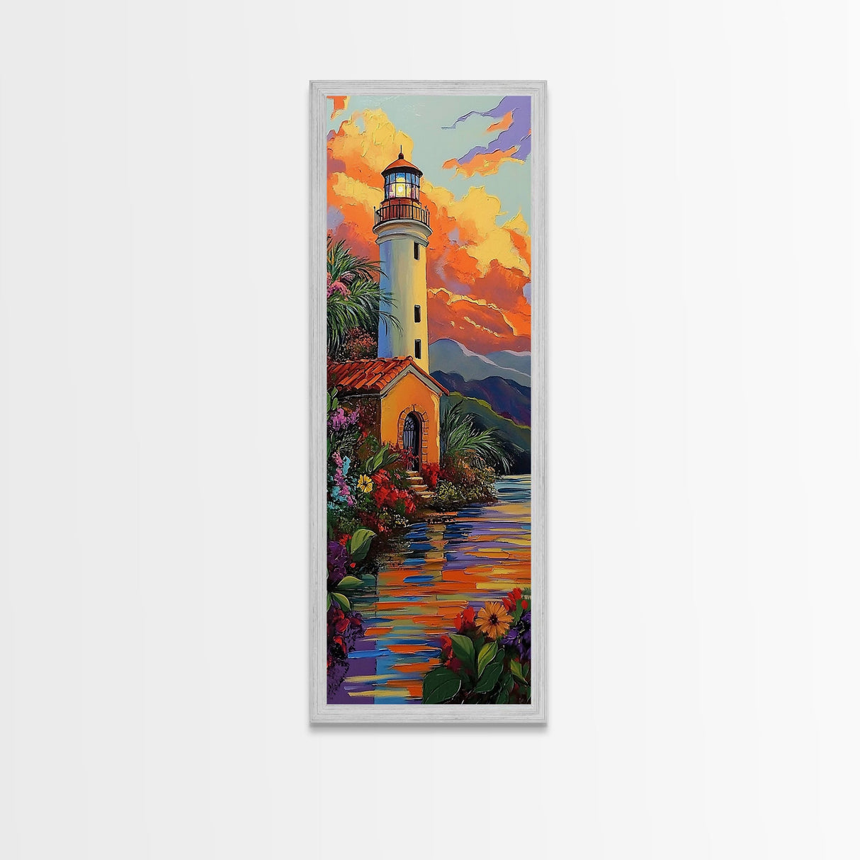 Lighthouse, Mountains, Sunset, Water, Framed Canvas Print, Coastal Landscape Wall Art, Nautical Home Decor, Vibrant Living Room Artwork