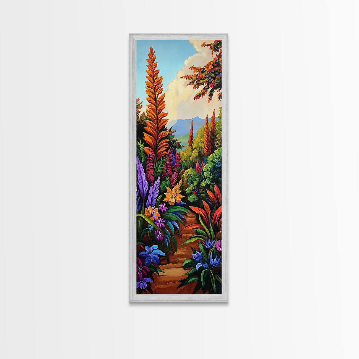 Jungle, Pathway, Tropical, Florals, Framed Canvas Print vibrant rainforest trail painting boho nature themed hallway or office wall art
