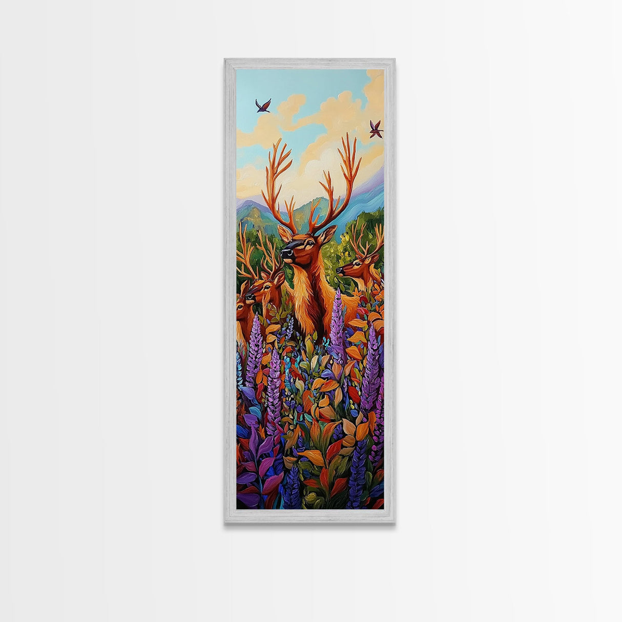 Elk, Meadow, Nature, Art, Framed Canvas Print featuring deer herd in wildflowers, cozy lodge style, Autumn cabin decor, rustic wall art