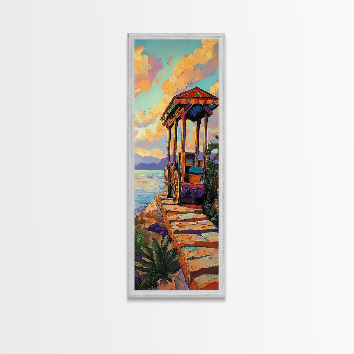 Wagon, Desert, Sunset, Vibes, Framed Canvas Print with rustic colorful wagon, boho western decor, entryway wall art, farmhouse aesthetic