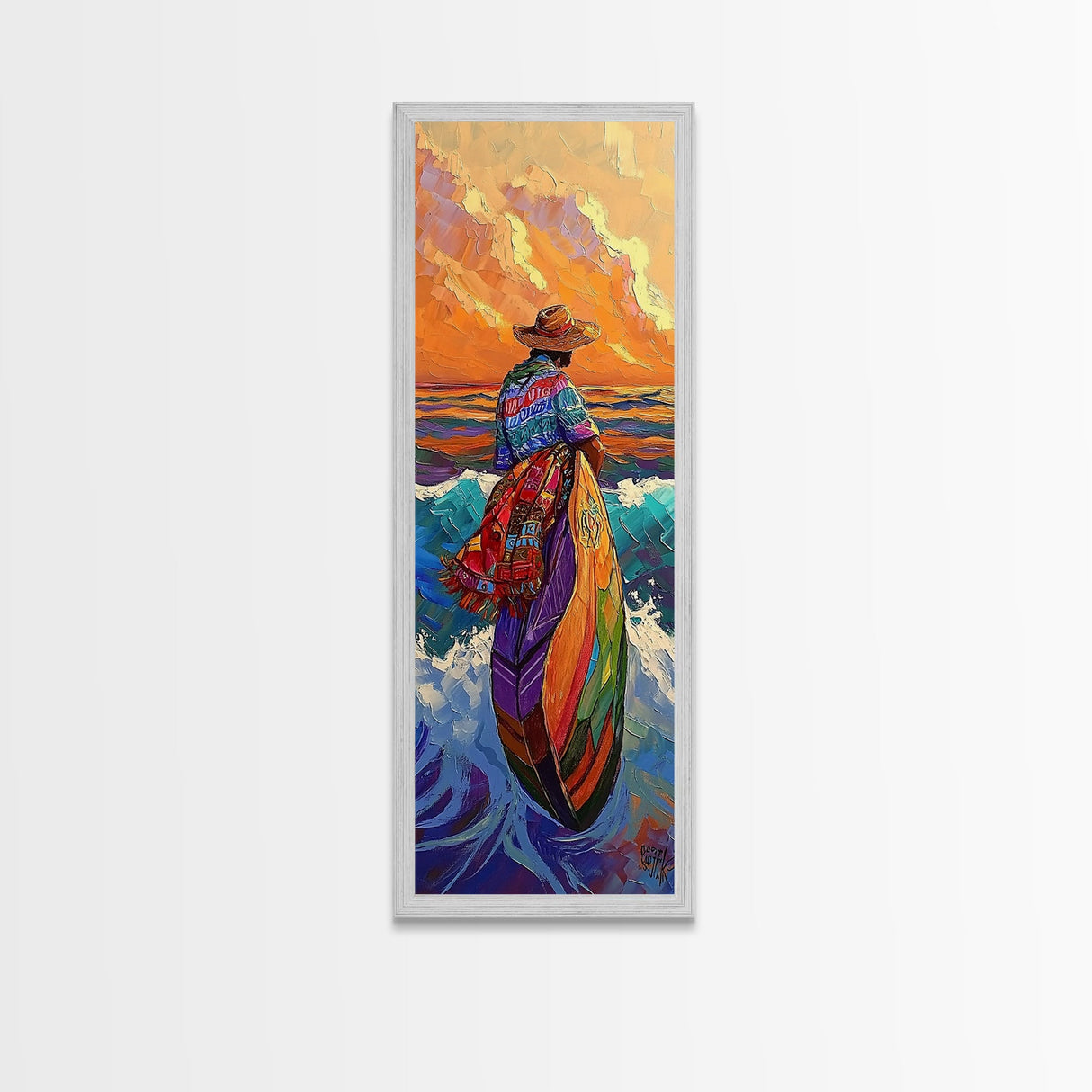 Woman, Sunset, Canoe, Vibrant Mexican Sunset Canvas Print, Latin American Decor, Living Room Wall Art, Bohemian Coastal Painting